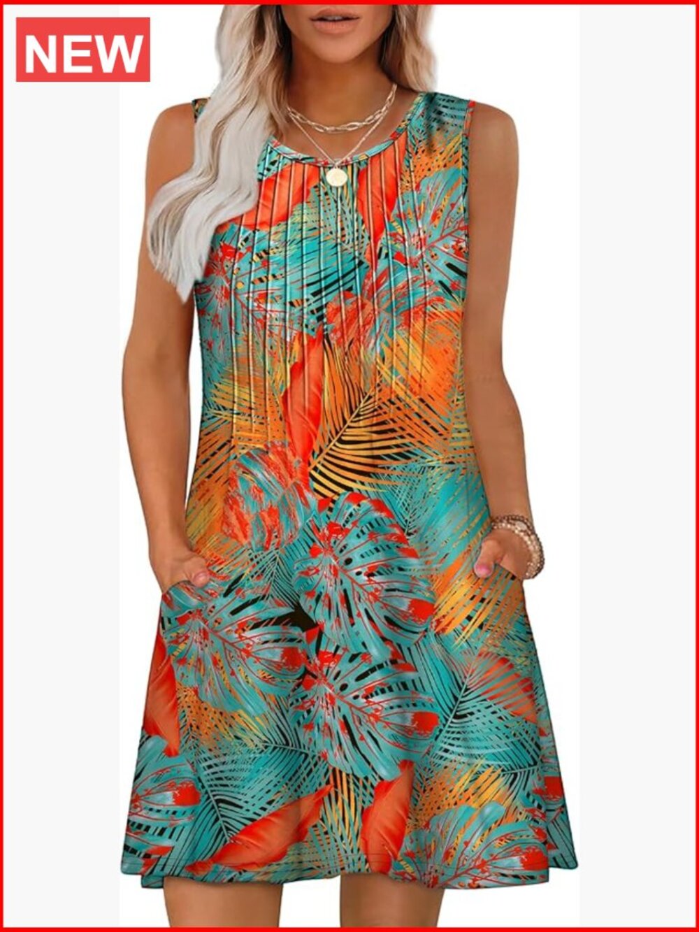 Tropical Print Sleeveless Shift Dress in Teal & Orange